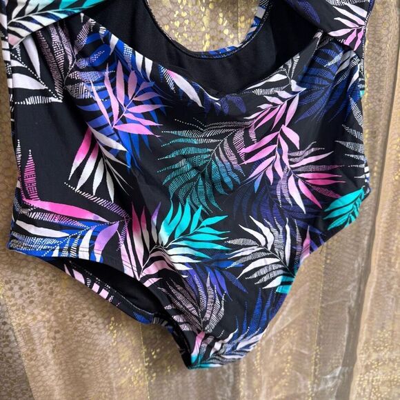 Swimsuits For All Black Pink Blue Tropical Leaf Print One Piece Monokini Size 14 - Picture 4 of 8
